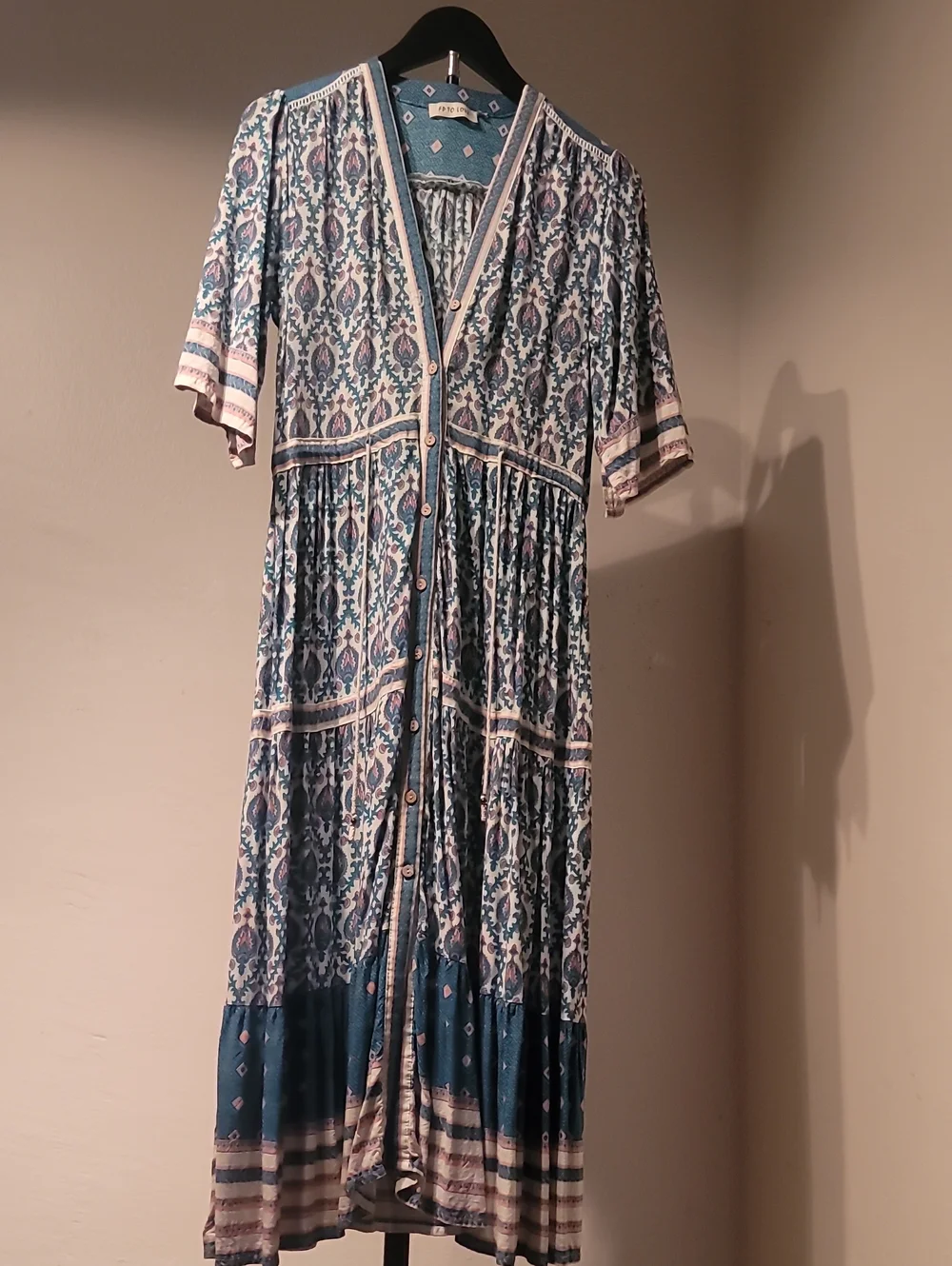 Free People Boho Chic Button-Front Midi Dress in Teal Pink and White
